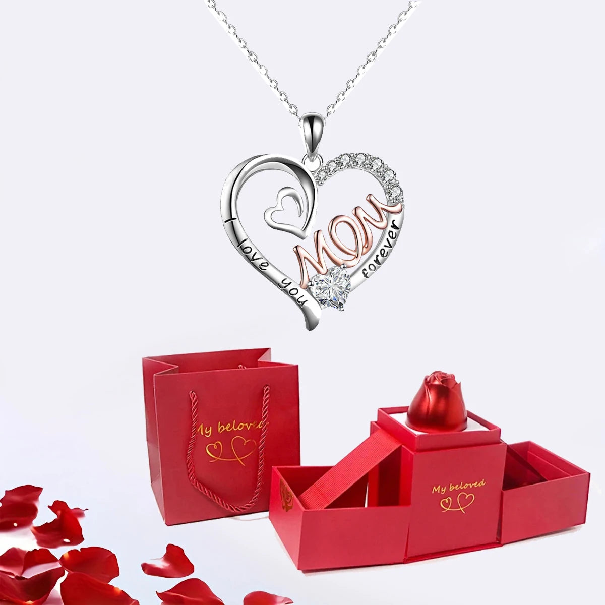 MOM Heart Necklace With Rose Flower Gift Box