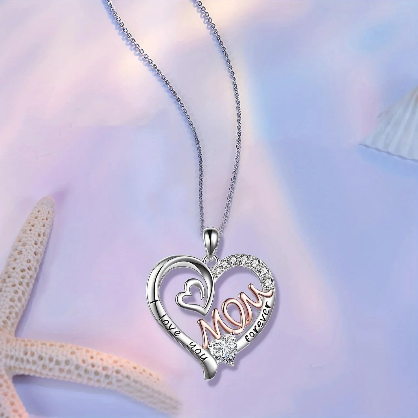 MOM Heart Necklace With Rose Flower Gift Box