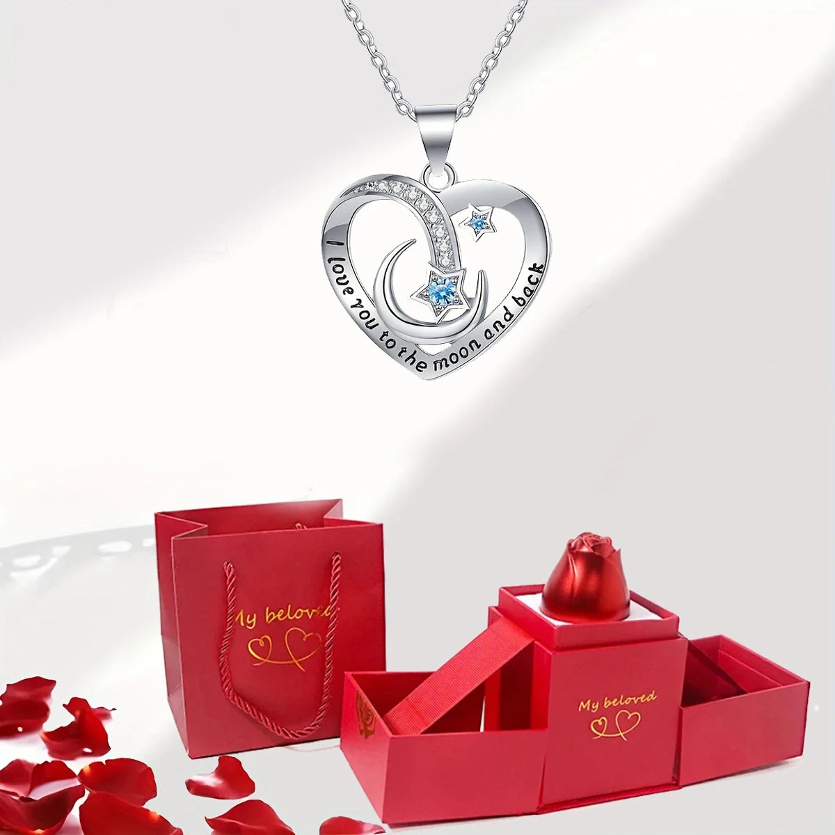 I Love You To The Moon And Back Heart Pendant Necklace With Roses Flower Box